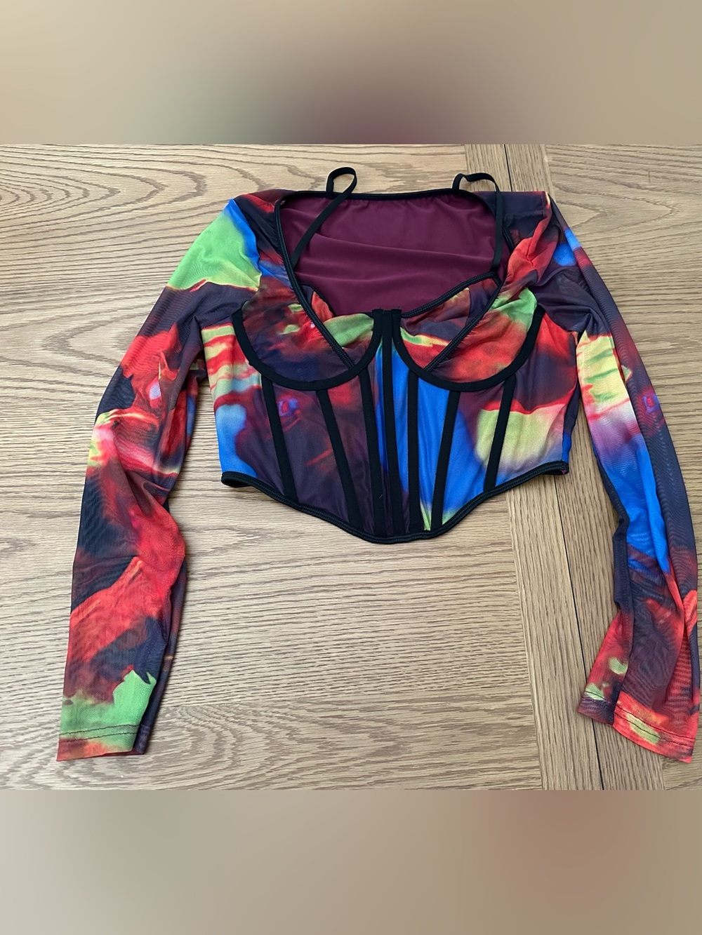 SHEIN Multicolor Sheer Mesh Long Sleeve Corset Crop Top